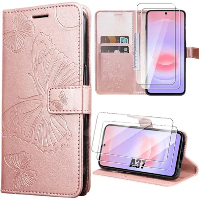 Image de Coque + 2 Verres Trempés pour Samsung Galaxy A37 5G, Anti-Rayures CuirPolyuréthaneRose Motif Papillons