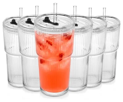 Produktbild von Vilde | Trinkgläser 6er Set 500 ml mit Deckel und Strohhalm - Geriffeltes Glas
