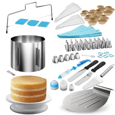 Produktbild von Lindenstein All-in-one Torten-Zubehör-Set mit 15 cm hohem verstellbarem Tortenring, drehbarer Tortenplatte und Tortendekoration – Backset als Erstausstattung für Hobbybäcker