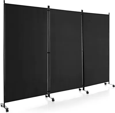 Produktbild von GOPLUS 3-teiliger Faltbarer Raumteiler, 180 cm Sichtschutz mit Metallrahmen und verschleißfestem Stoff, Paravent Trennwand mit Rollen Wohnzimmer & Büro (Schwarz)