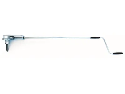 A silver and black crank mechanism with a long rod, isolated on a white background.