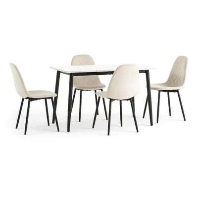 Produktbild von Esszimmer-Set für den Innenbereich mit rechteckigem Tisch 120x70 cm in weißer Marmoroptik und 4 gepolsterten Samtstühlen mit gestepptem Rücken – VASO + LAURA – Creme