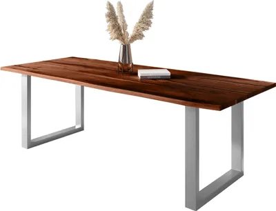 Produktbild von Baumkantentisch Akazie mit schwarzen Resin-Adern nussbaumfarben 300 x 100 cm U-Gestell silber POLLY