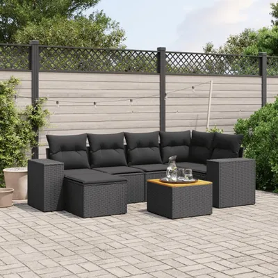 Produktbild von Design 7-tlg. Garten-Sofagarnitur mit Kissen Schwarz Poly Rattan, Gartenmöbel-Sets 2024 Neu