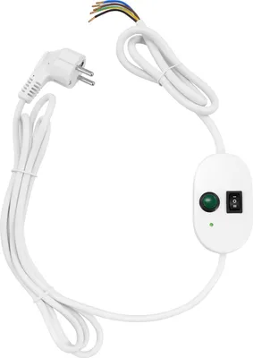 A white power cord with a plug, a control unit with a switch and a green button, and exposed wires.
