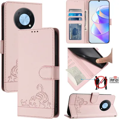 Produktbild von Leder Hülle für Huawei Nova Y90 Süße Katze Flip Case Brieftasche Schutzhülle mit Standfunktion Pink