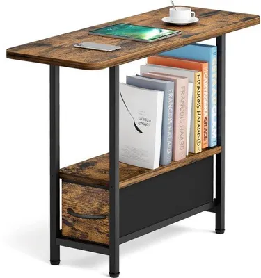 Productafbeelding van Unyqoos® Compacte bijzettafel met opbergruimte, 60x30x61 cm, metalen frame en spaanplaat, lade met stoffen bekleding, draagvermogen tot 27 kg – ideaal voor woonkamer en slaapkamer