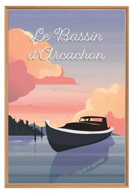 Image de Tableau mural encadré illustration coucher de soleil Arcachon 65x97 cm, Tableau mural moderne pour décoration intérieure