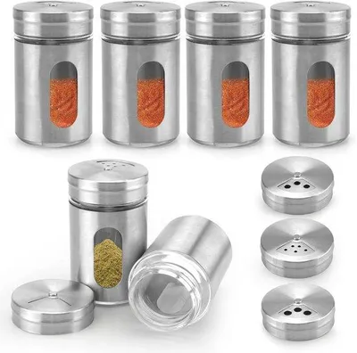 Produktbild von Gewürzbehälter mit Edelstahl-Streueinsatz – Set aus 6 Mini-Gewürzbehältern aus Glas mit Organizer für Küchenutensilien, rechteckige Gewürzbehälter