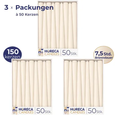 Image de HORECA CANDLES Bougies pointues ivoire, lot de 150 pièces, Ø 2,3 x 25 cm – Bougies de chandelier, durée de combustion de 7,5 heures – Ne coulent pas, ne fument pas, sans parfum