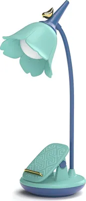 A teal and blue desk lamp shaped like a flower with a gold bird accent.