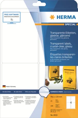 Zdjęcie produktu dla HERMA 8019, Przezroczysty, Samoprzylepne etykiety do drukowania, A4, Laser, Na stałe, Połysk