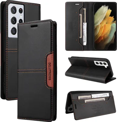 Produktbild von Handyhülle für Samsung Galaxy S21 Ultra 5G Hülle, Leder Flip Wallet Kartenfach Stand Schutzhülle Schwarz