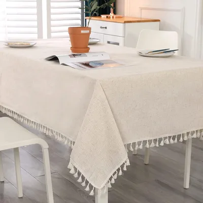 Produktbild von Beige rechteckige Tischdecke mit Quasten, fleckenabweisend, waschbar, aus Baumwolle und Leinen, 140 x 220 cm, ideal für Geburtstage, Hochzeiten und Esszimmer.