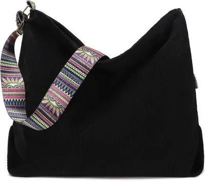Produktbild von OKWISH Umhängetasche Damen Groß Cord Tasche Damen Handtasche Shopper Damen Henkeltasche für Uni Arbeit Mädchen Schule Schwarz