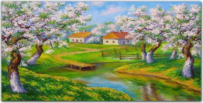 Produktbild von Coloray Küchenrückwand 100x50 Spritzschutz aus Glas - Der Baum Dorf Blumen Wasser
