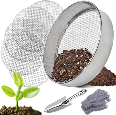 Obrázek produktu pro Sítko do zahrady, 30 cm, 5 vyměnitelných sít. Vhodné pro zeminu, vyrobeno z nerezové oceli