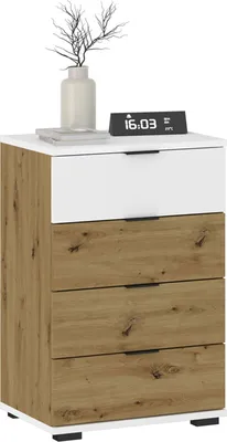 Produktbild von Nachttisch PIANO Artisan Eiche/weiß, Nachtkommode für Boxspringbetten, Nachtschrank mit 4 Schubladen und Griffen aus Kunststoff, Korpus aus MDF/Spanplatte