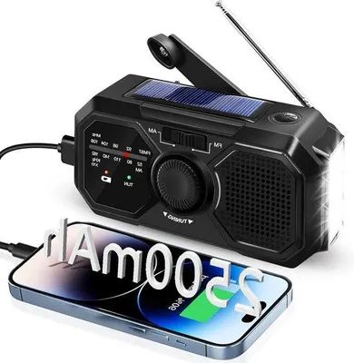 Immagine prodotto di Radio di emergenza a energia solare con maniglia, radio AM/FM con previsioni meteo, batteria ricaricabile da 2500 mAh - Torcia - Luce di emergenza - Sopravvivenza all'aperto