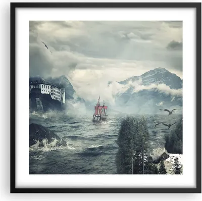 Produktbild von Gerahmtes Poster - Schwarzer Rahmen - Sturm Berge Segelschiff - 50x50 cm - Wand Bild - Wanddeko - Wandbilder - Wandposter - Bilderrahmen - Bilder - Kunstdruck - Wandbild - P2BAC50x50-4208