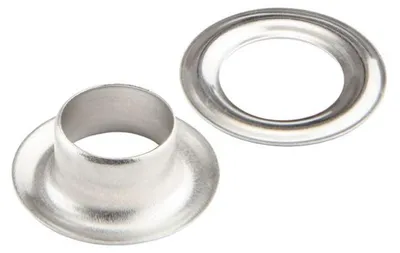 Produktbild von Ösen 12 mm Messing vernickelt mit Scheibe und Werkzeug für Zange oder Hammervernietung 10 Stück