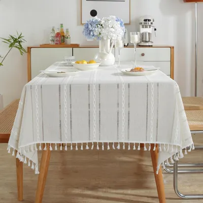 Zdjęcie produktu dla Ścierełka na stół, prostokątna, bawełniano-lniana, biała, z paskami i frędzlami, 140 x 300 cm