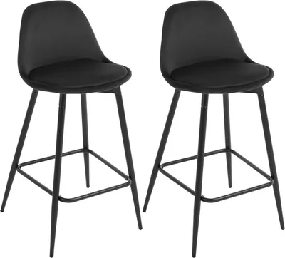 Two black bar stools are shown against a white background.
