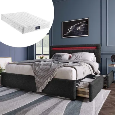 Zdjęcie produktu dla Rama łóżka z oświetleniem LED i 4 szufladami, w zestawie materac, podwójne łóżko tapicerowane 140x200 cm, z regulowaną wysokością zagłówka, stelaż z listew