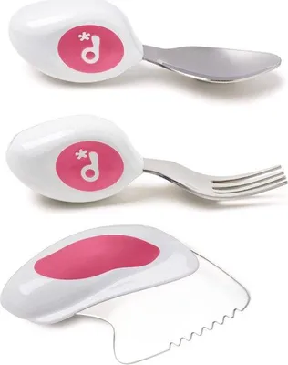 Produktbild von Unyqoos® Kinderbesteck-Set aus Edelstahl – ergonomisch für Kinder ab 12 Monaten, Himbeerrosa, sicheres Kindermesser, BPA-frei, spülmaschinenfest