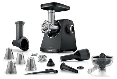 A black Bosch meat grinder with various attachments is displayed against a white background.