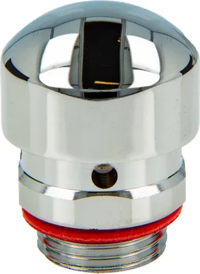 A close-up studio shot of a chrome-plated pipe aerator with a red gasket.