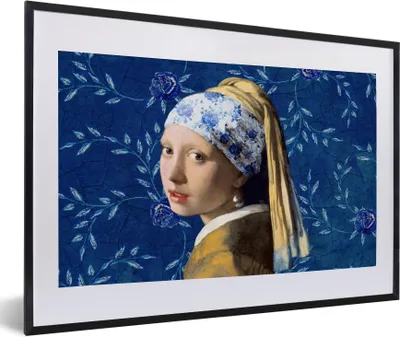Produktbild von MuchoWow® Gerahmtes Poster Mädchen mit Perlenohrring - Delfter Blau - Vermeer - Blumen - Gemälde - Alte Meister 60x40 cm - Poster mit Schwarzem Bilderrahmen Wandposter Rahmen Foto Bilder - Schlafzimmer - Plakat in Rahmen - Drucken