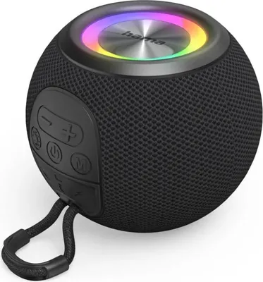 A black, spherical HAMA speaker with a colorful LED light ring on top and control buttons on the side.