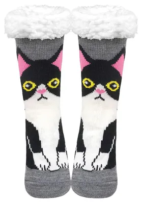 Produktbild von Stoppersocken Damen dick mit Anti Rutsch Sohle, Haussocken warm flauschig Innenfrottee 36-41 Tuxedo Katze