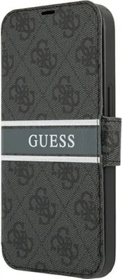 A close-up, angled view of a grey Guess brand iPhone 13 Mini case.