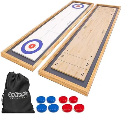 Produktbild von 1,8 m Tisch-Shuffleboard und Curling 2-in-1-Spiel mit 8 Pucks und Tragetasche
