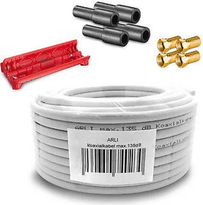 Produktbild von 50m ARLI Koaxialkabel – max. 135 dB 5-fach geschirmt UV-beständig + 4x F-Stecker vergoldet & 4x Gummitülle & Abisoliermesser für DVB-S DVB-T2 4K HDTV