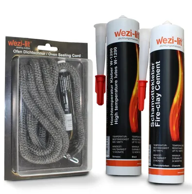 Produktbild von Ofenschnur Ø 8mm 2m + Schnurkleber + Dichtmasse W-1200 hitzebeständig bis 1200° + Schamottkleber 1000°
