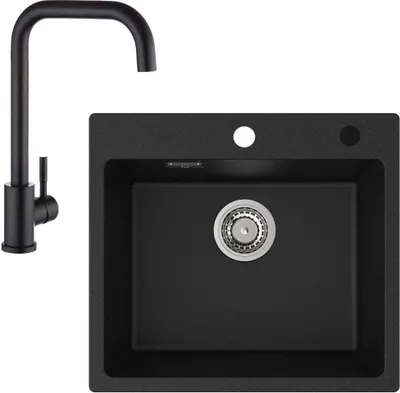 Produktbild von Spülbecken mit 1 Becken 50×45CM Granitspüle Anthrazitschwarz mit Schwarz Küchenarmatur 360° drehbar Höhe 345 mm