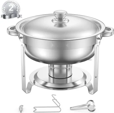 Zdjęcie produktu dla Zestaw naczyń do podgrzewania żywności 4,7 l - 2 szt. Okrągły, srebrny podgrzewacz ze stali nierdzewnej do cateringu i na przyjęcia