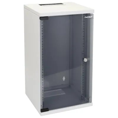 HMF Netzwerkschrank Serverschrank 10 Zoll 12 HE 300 mm Tiefe Voll montiert Glastür Lichtgrau