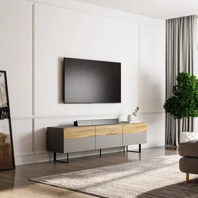 Productafbeelding van Skye Decor, moderne TV-standaard, 180 cm, 49 cm hoog, 37 cm diep | 100% melaminecoating op spaanplaat, 18 mm dik | Wandmontage mogelijk, diverse planken, grijs en eikenhout.