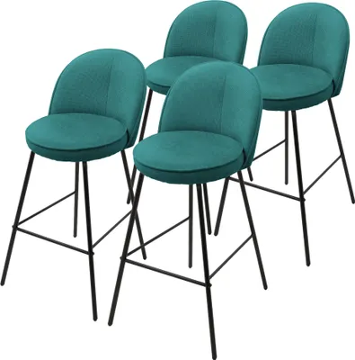 Produktbild von ML-Design Barhocker 4er Set Petrol Stoffbezug 75 cm hoch Gepolsterte Barstühle mit Metallgestell Rückenlehne & Fußstütze Küchenstühle Bistrohocker