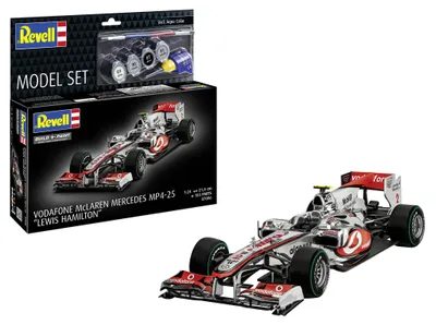 Produktbild von Revell Model Set McLaren Mercedes MP4-25 Lewis Hamilton im Maßstab 1:24 | Modellbausatz inkl. Basisfarben, Modellbaukleber und Pinsel | Länge 21,4 cm | Teileanzahl 103