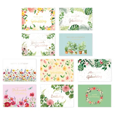 Produktbild von PremiumLine Geburtstagskarten Set mit Umschlag, 10 Stück, hochwertige Klappkarte gedruckt auf edlem Naturkarton, Glückwunschkarte mit Blumen Motiv