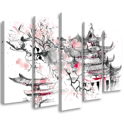 Produktbild von 5-teiliges leinwandbild japan landschaftsbild 100x70 cm Feeby rosa wandbild bereit zum aufhängen