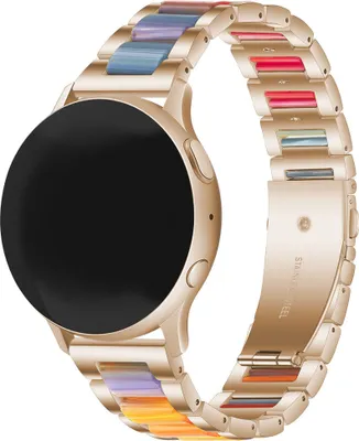 A rose gold smartwatch with a colorful metal band is shown against a white background.