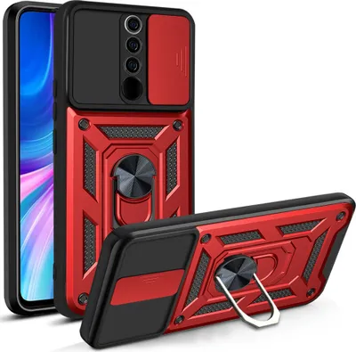 Produktbild von Redmi Note 8 Pro Hülle mit 360° Drehbarer Magnetische Ring Ständer Halter Dia Kameraschutz TPU Bumper Silikon Schutzhülle für Xiaomi Redmi Note 8 Pro Rot