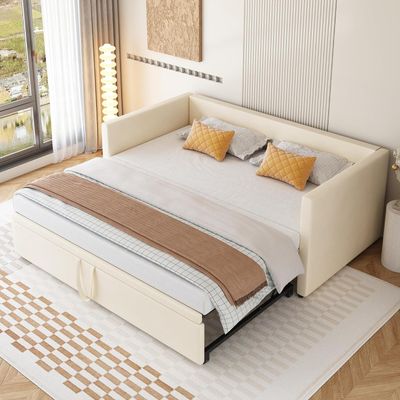 Fortuna Lai Tagesbett 90x200cm/180x200cm Ausziehbett, Erweiterbares Schlafsofa mit Lattenrost und Armlehnen,Samt Polsterbett Kinderbett Sofabett,Beige