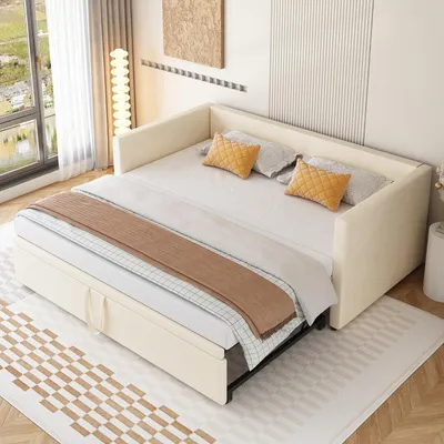 Produktbild von Łóżko rozkładane Fortuna Lai 90x200cm/180x200cm, rozkładana sofa z listwowym stelażem i podłokietnikami, łóżko tapicerowane aksamitem, rozkładana sofa dla dzieci, beżowa